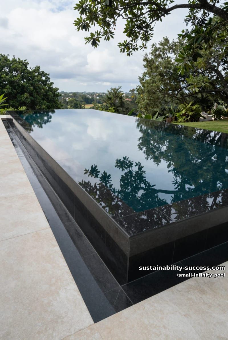 pool surrounded by mirror-like black tiles reflecting the sky and trees 1