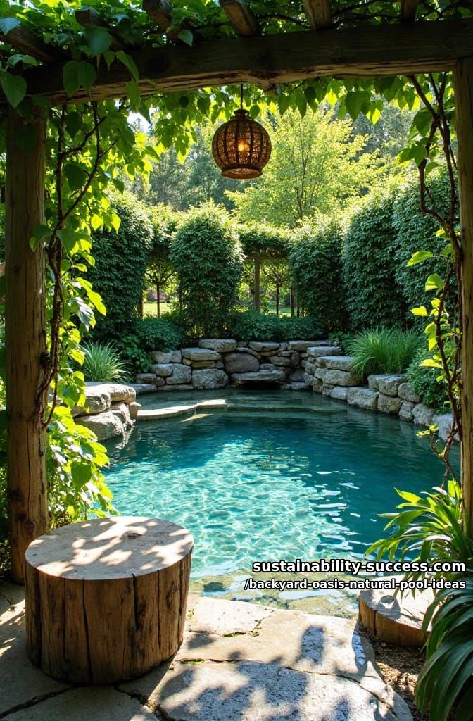 pool with built-in tree trunk seat, shaded by trailing vines overhead 1