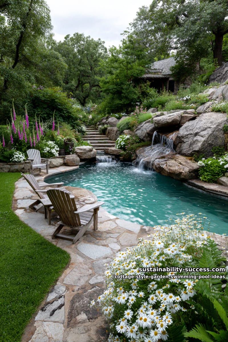 pool with cascading stone waterfall and clusters of foxgloves and daisies 1
