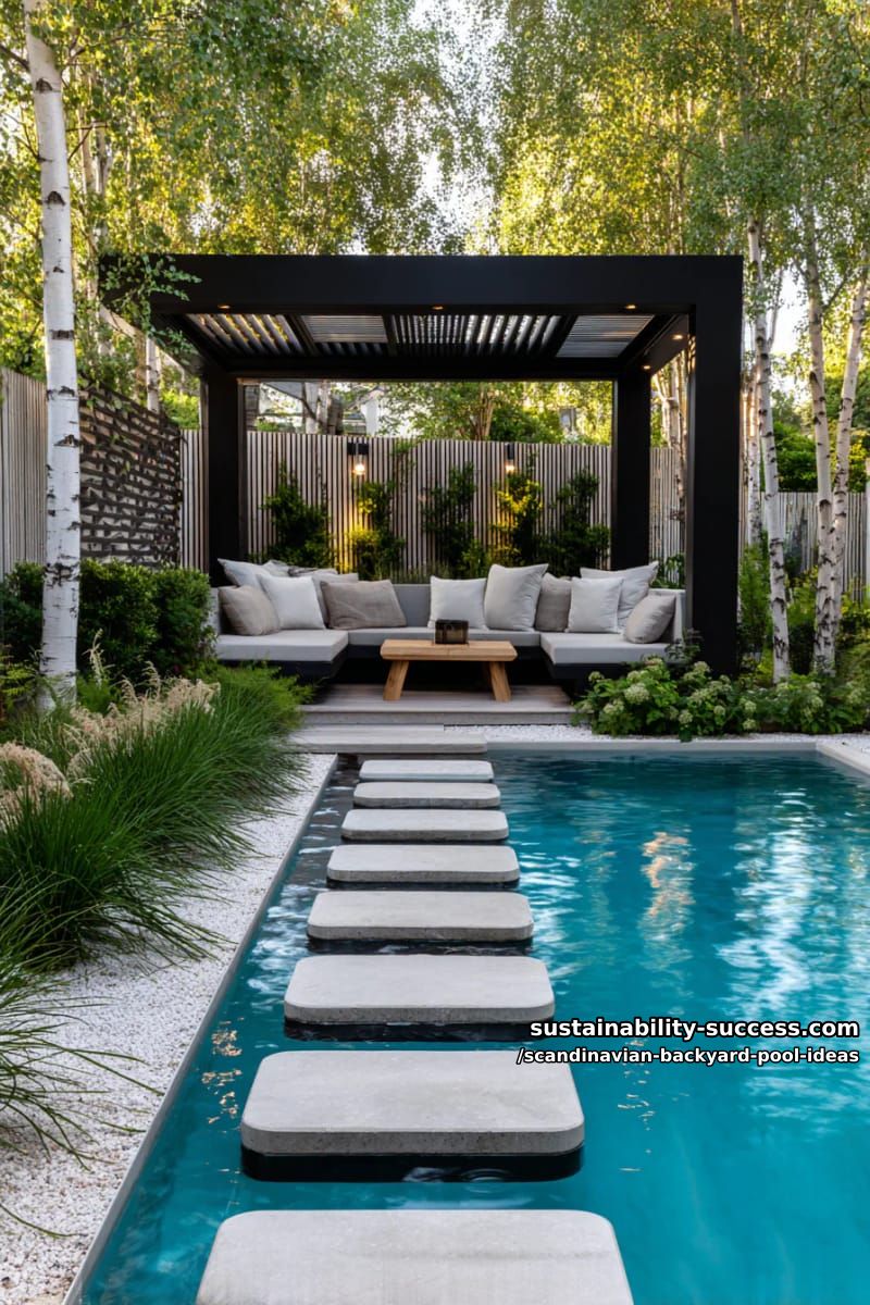 pool with floating stepping stones leading to a modern black pergola 1