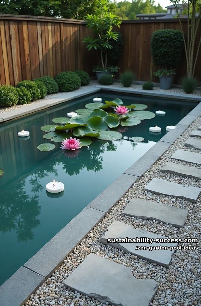 pool with lotus lilies, floating candles, and a geometric gravel path 1