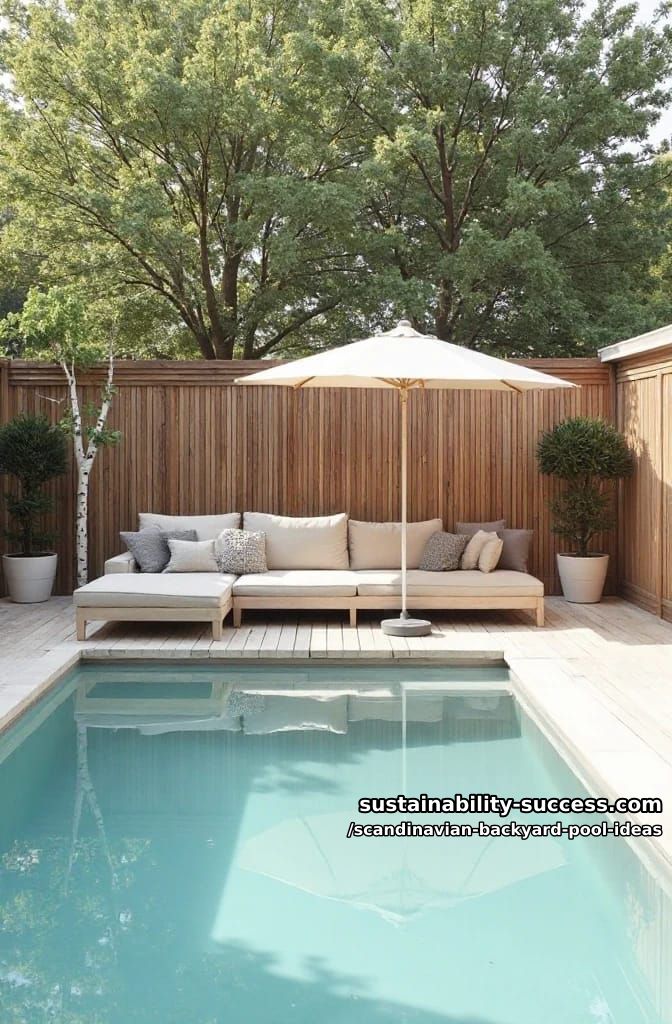 pool with modular outdoor sofa, chunky knit pillows, and umbrella for soft shade 1