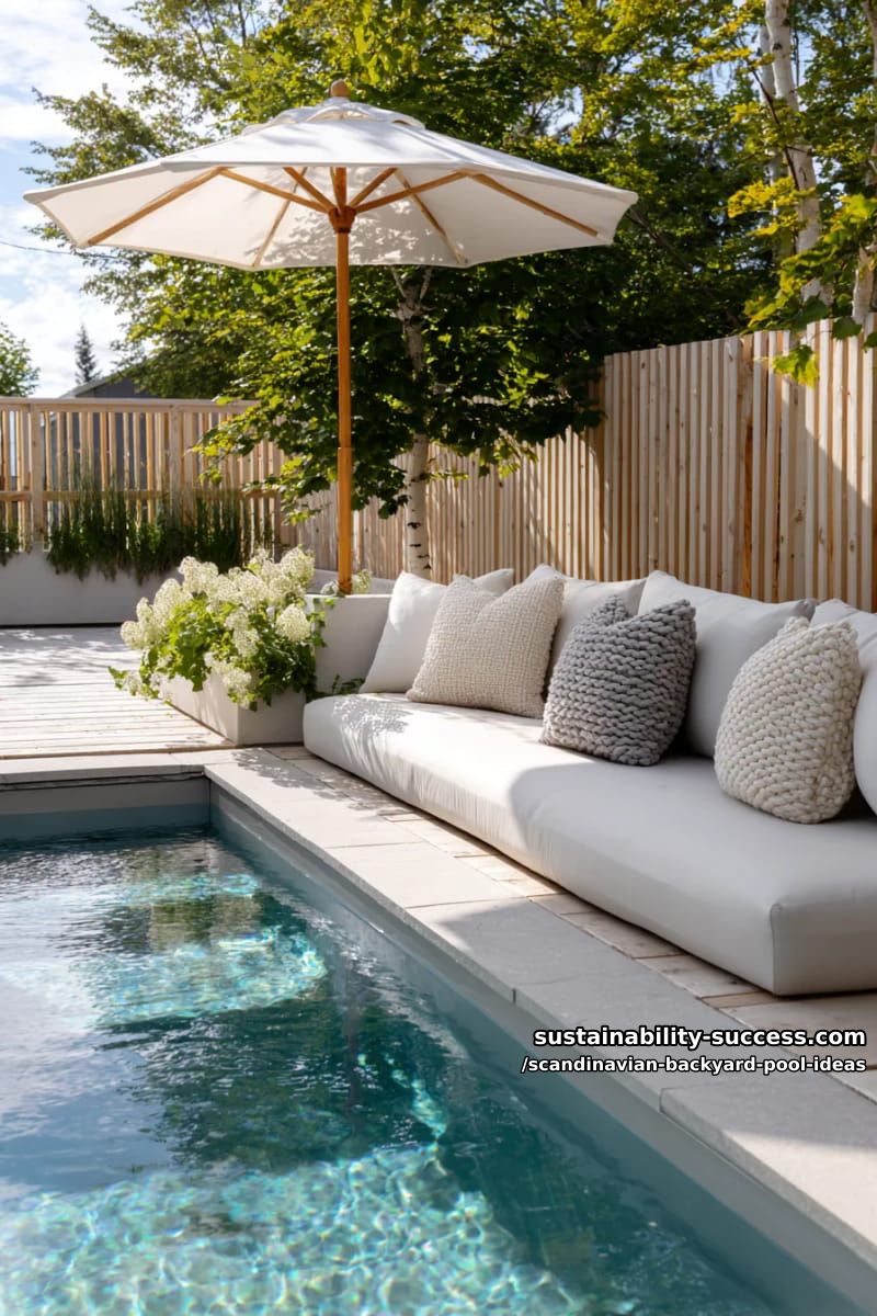 pool with modular outdoor sofa, chunky knit pillows, and umbrella for soft shade 1