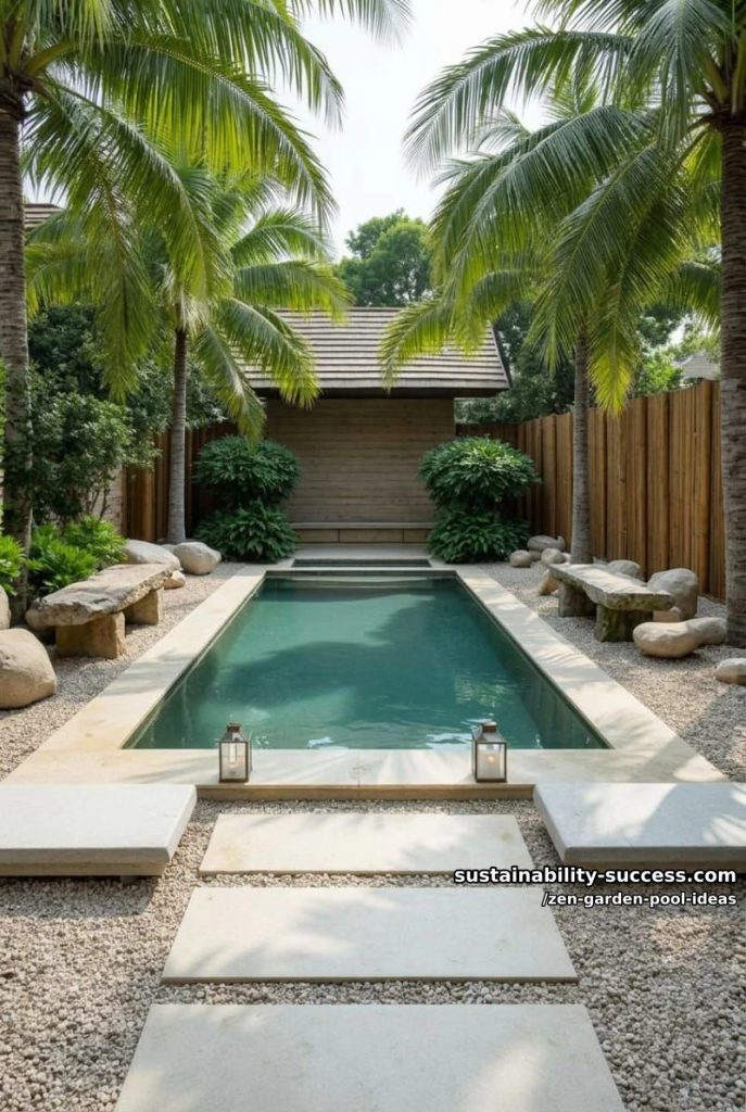 pool with stone benches, smooth river rocks, and palm trees 10