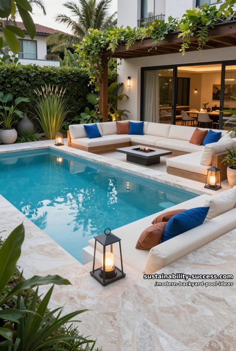 pool with sunken, wrap-around outdoor living room and plush seating 1