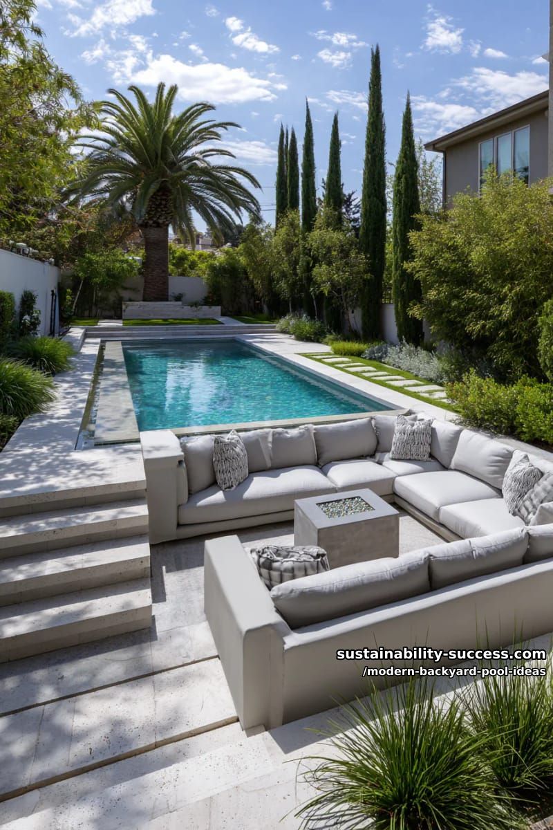 pool with sunken, wrap-around outdoor living room and plush seating 1