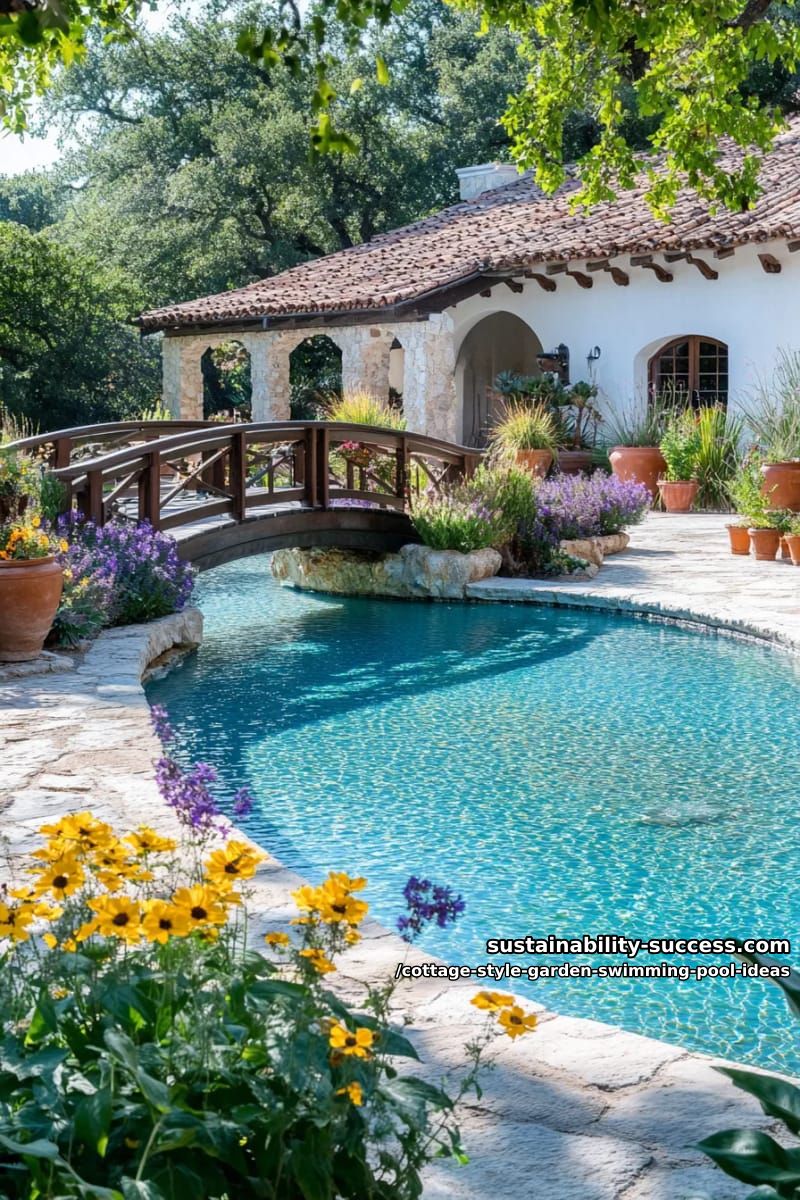 pool with wooden bridge arching over water, surrounded by meadow grass 1