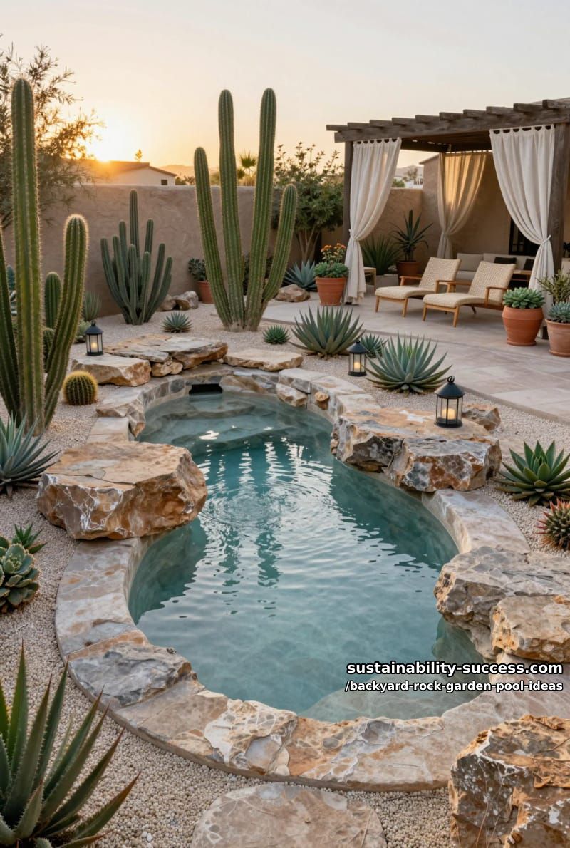 poolside cactus garden with gravel mulch and chunky sandstone seating 1