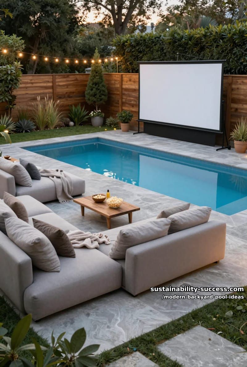 poolside cinema with large projection screen and cozy modular sofas 1