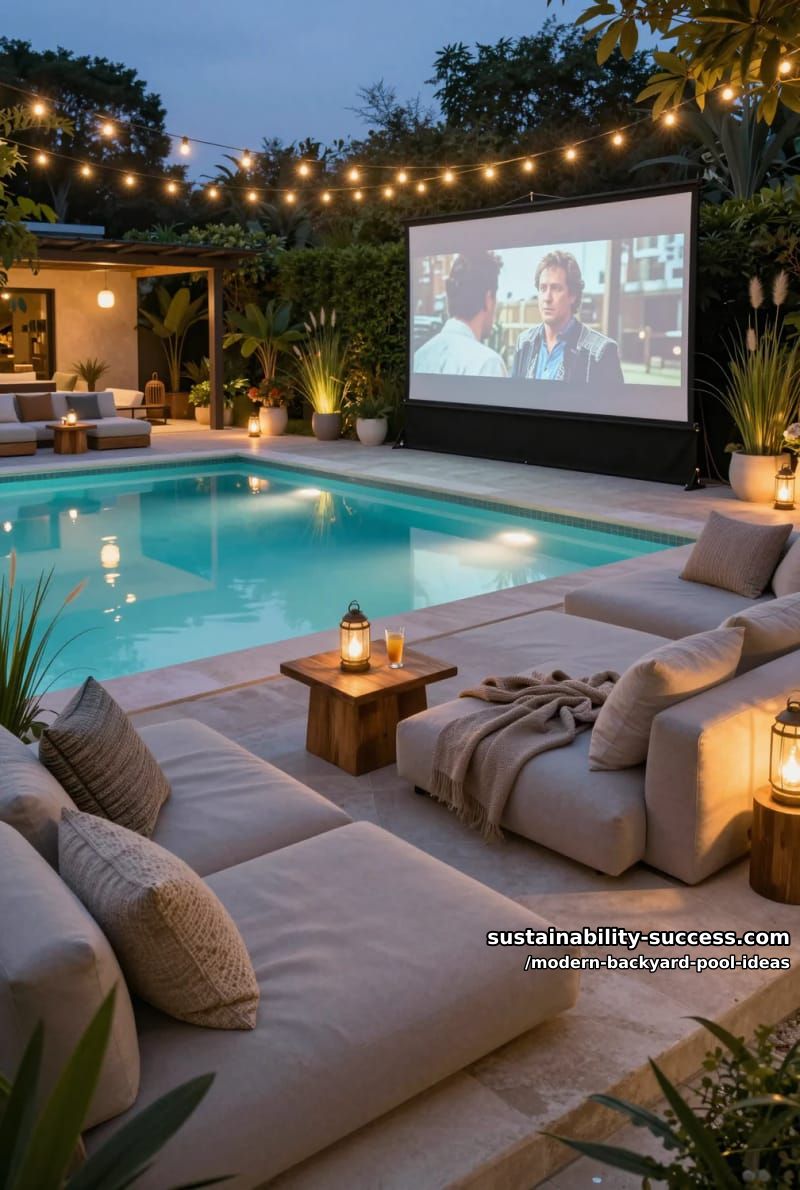 poolside cinema with large projection screen and cozy modular sofas 1