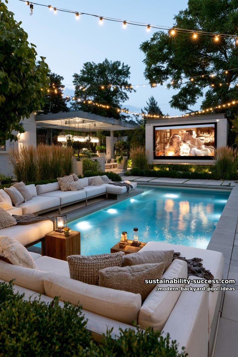 poolside cinema with large projection screen and cozy modular sofas 1