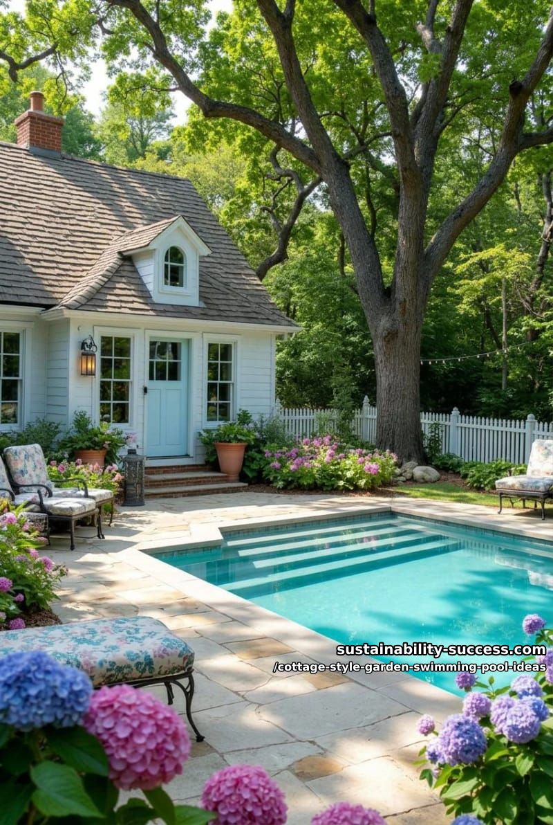 poolside cottage house with shingled roof and pastel shutters nestled in hydrangeas 1