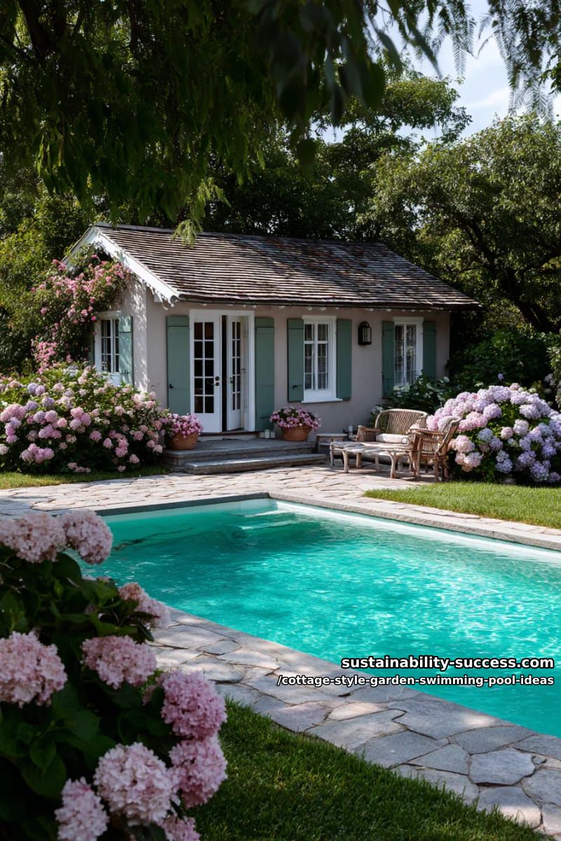 poolside cottage house with shingled roof and pastel shutters nestled in hydrangeas 1