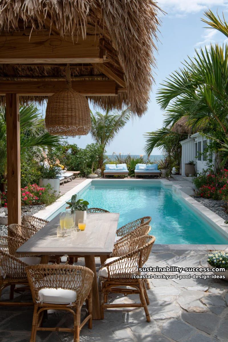poolside dining area under a thatched beach hut roof 1