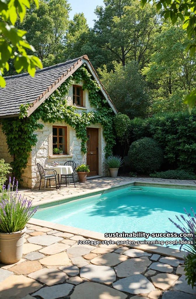 quaint cottage pool house with climbing ivy and cobblestone patio 1