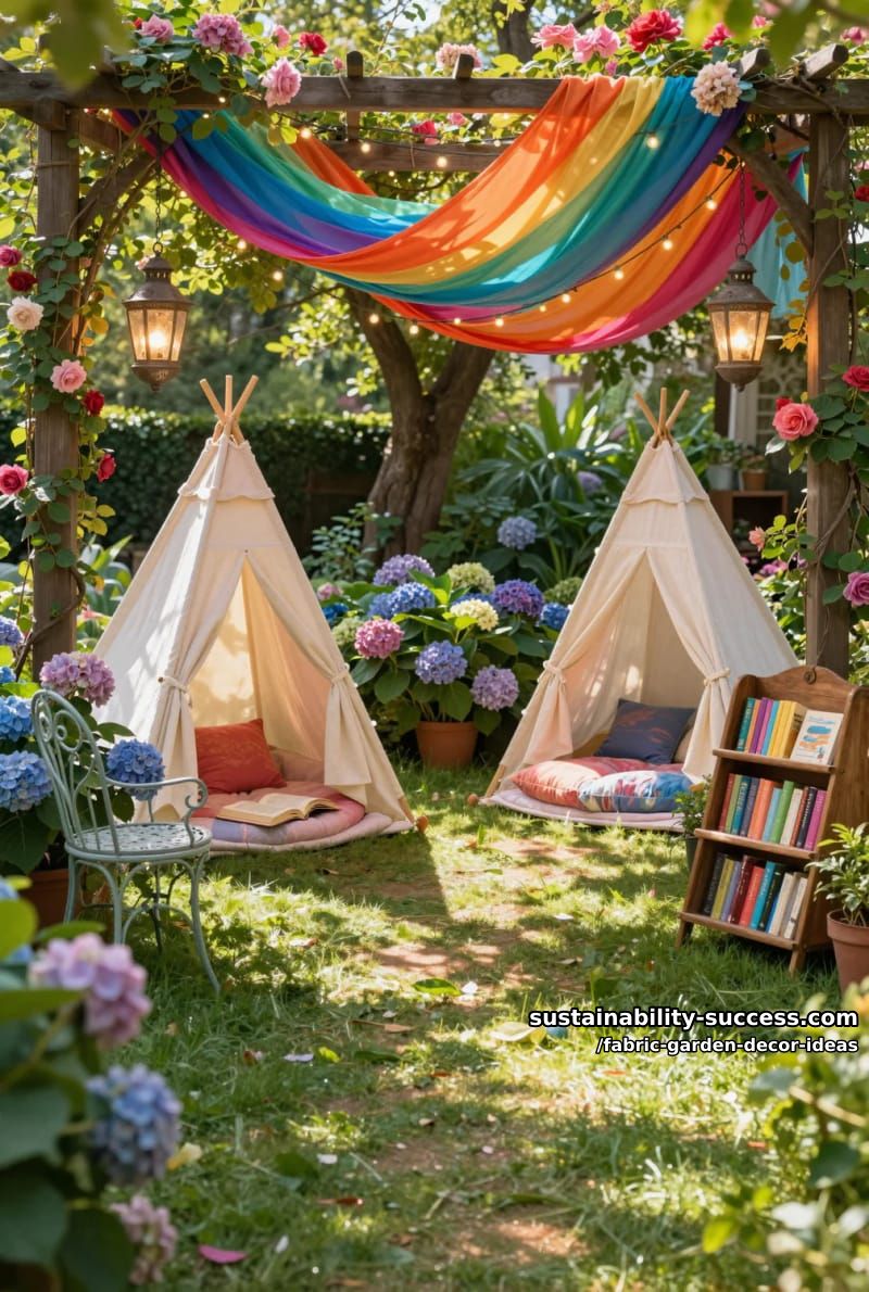 rainbow fabric drapes creating whimsical outdoor reading nooks 1