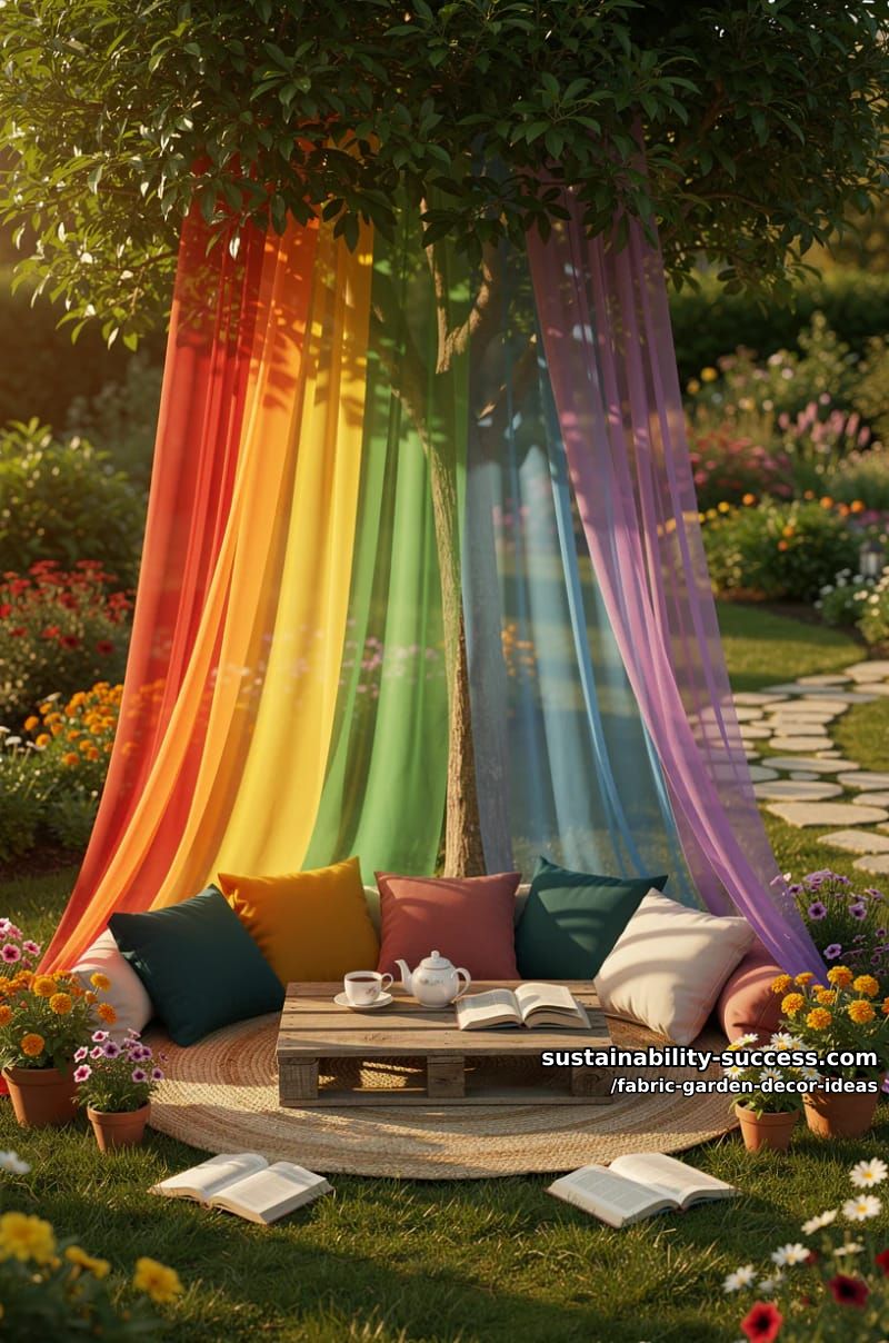 rainbow fabric drapes creating whimsical outdoor reading nooks 1