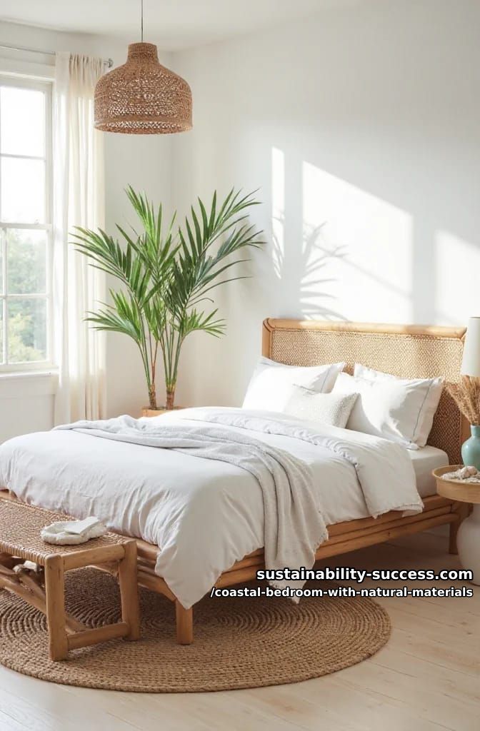 rattan bed frame with airy white linen and jute rug layers 1