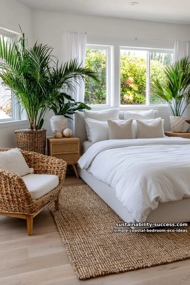 15 Coastal Decor for a Simple Eco-Friendly Bedroom 7 rattan furniture accents with potted palms for a fresh green vibe 1