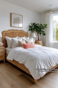 15 Clean Coastal Bedroom Ideas for a Serene Retreat 1 rattan headboard, white walls, subtle coral decor, and leafy green plant 8