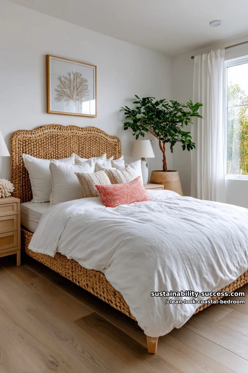 15 Clean Coastal Bedroom Ideas for a Serene Retreat 9 rattan headboard, white walls, subtle coral decor, and leafy green plant 1