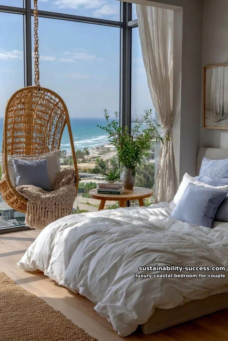 rattan swing chair in a sunlit reading nook with sea view 1