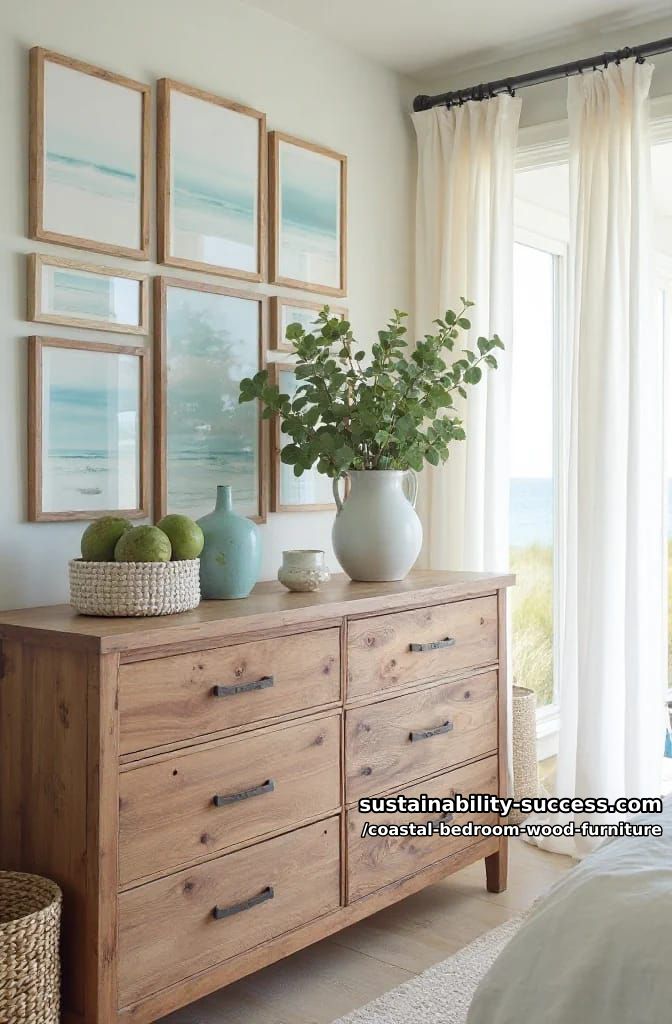 reclaimed teak dresser with layered framed seascapes and eucalyptus bouquet 1