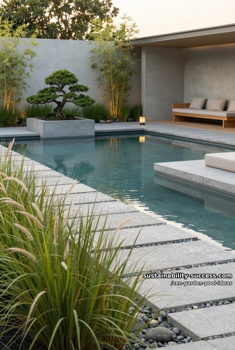 rectangular pool framed by tall grasses and minimalist concrete planters 1