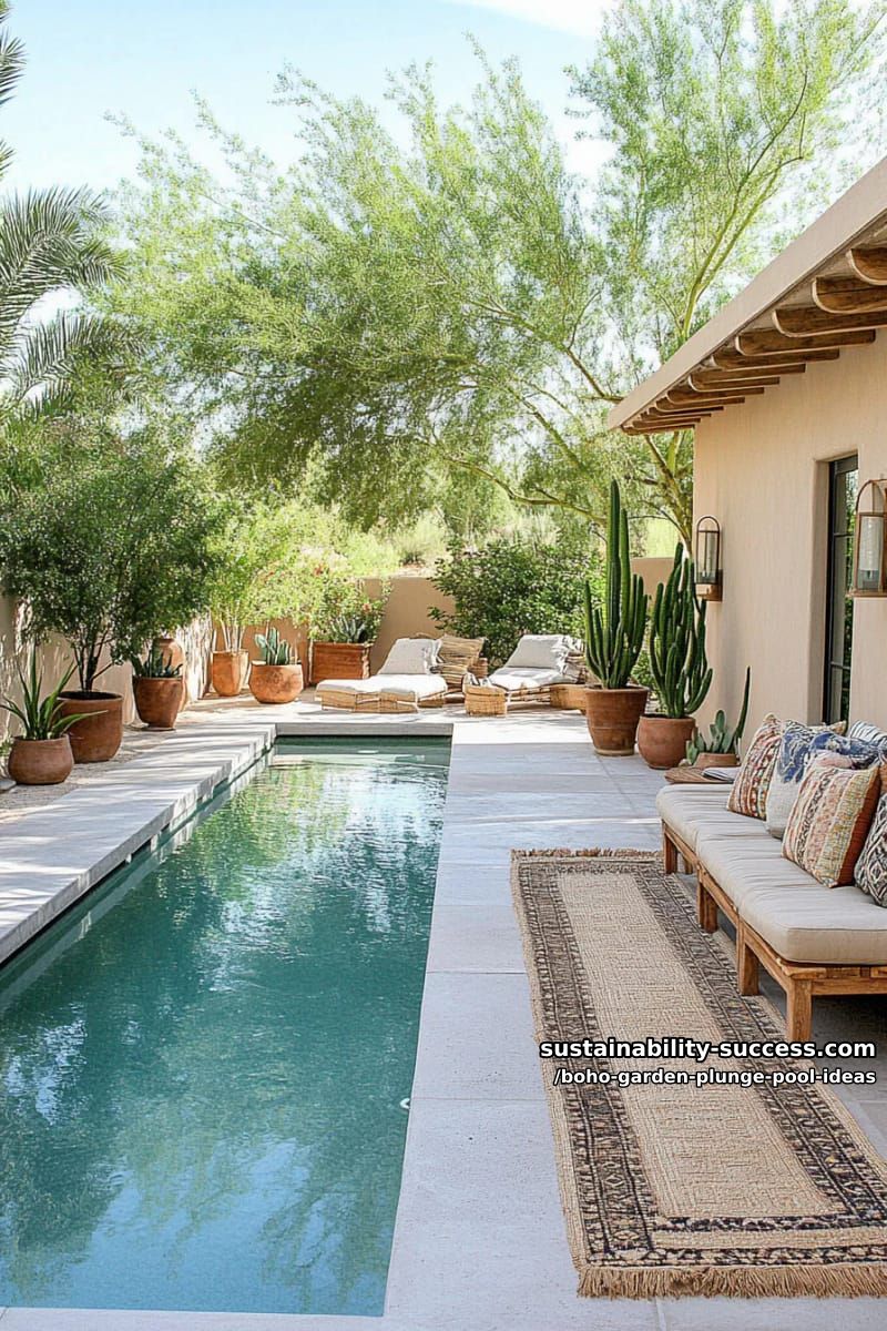rectangular pool hugged by lush palms, cactus, and layered jute rugs 1