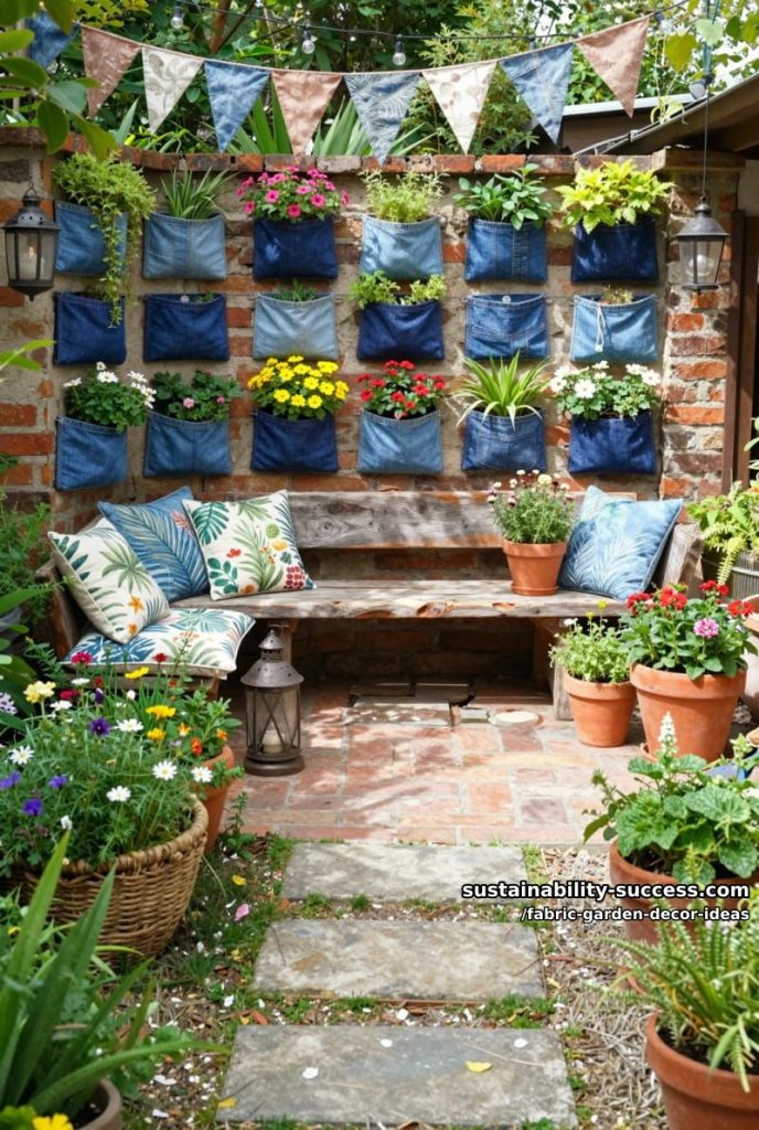 recycled denim planter pockets attached to garden walls 17