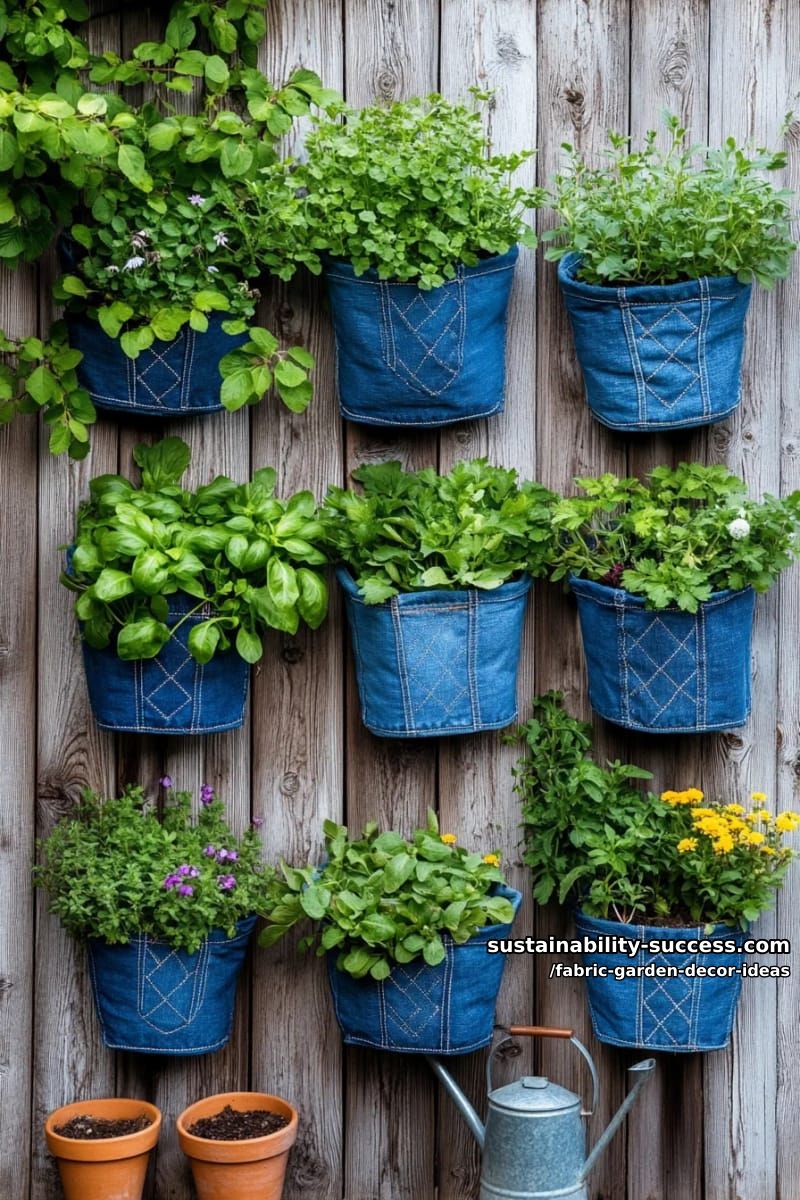 recycled denim planter pockets attached to garden walls 1