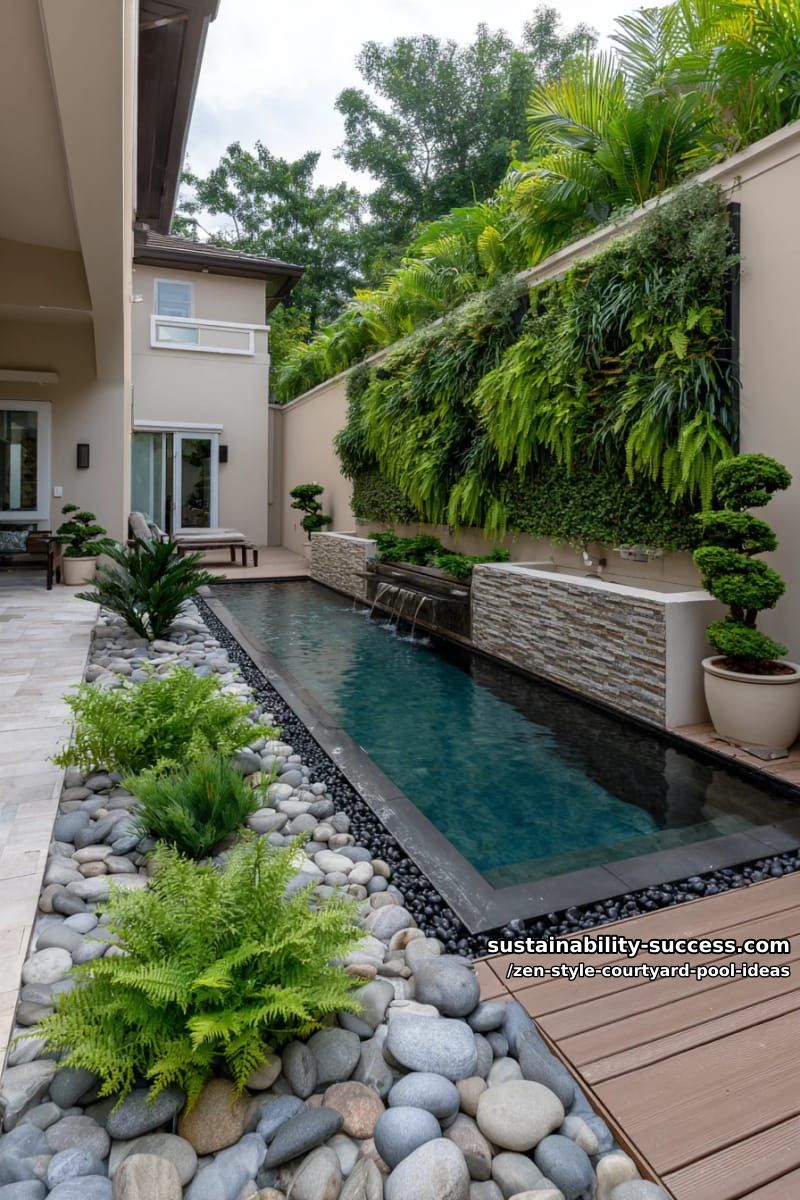 reflective infinity edge pool facing a vertical living plant wall 1