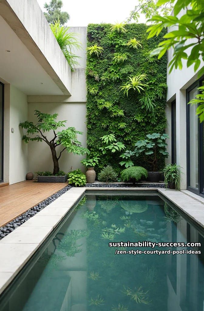 reflective infinity edge pool facing a vertical living plant wall 1