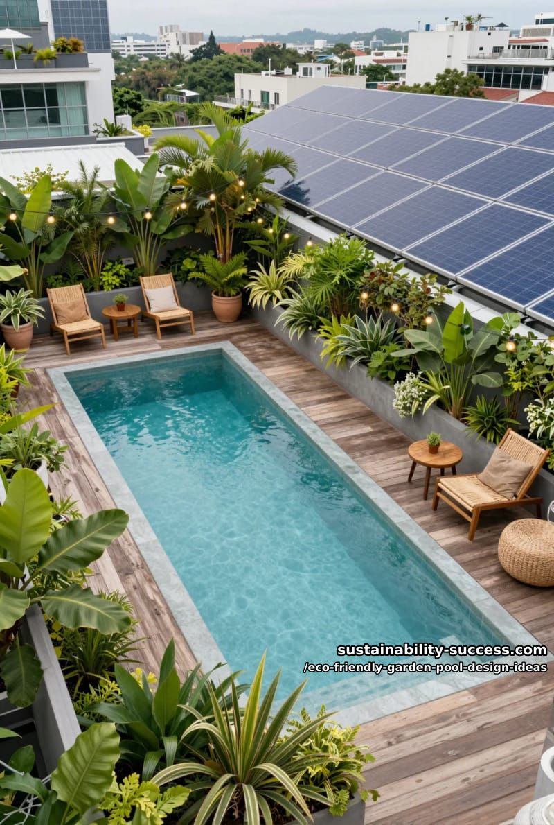 rooftop with solar panels and rectangular pool surrounded by greenery 1
