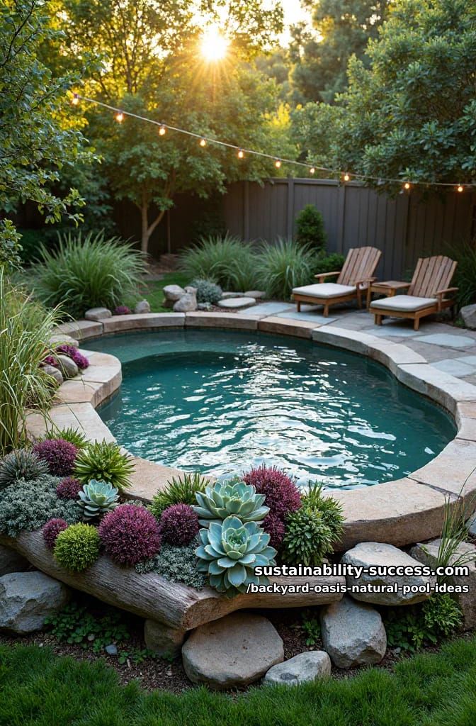 round spa pool surrounded with weathered driftwood and vibrant succulents 1