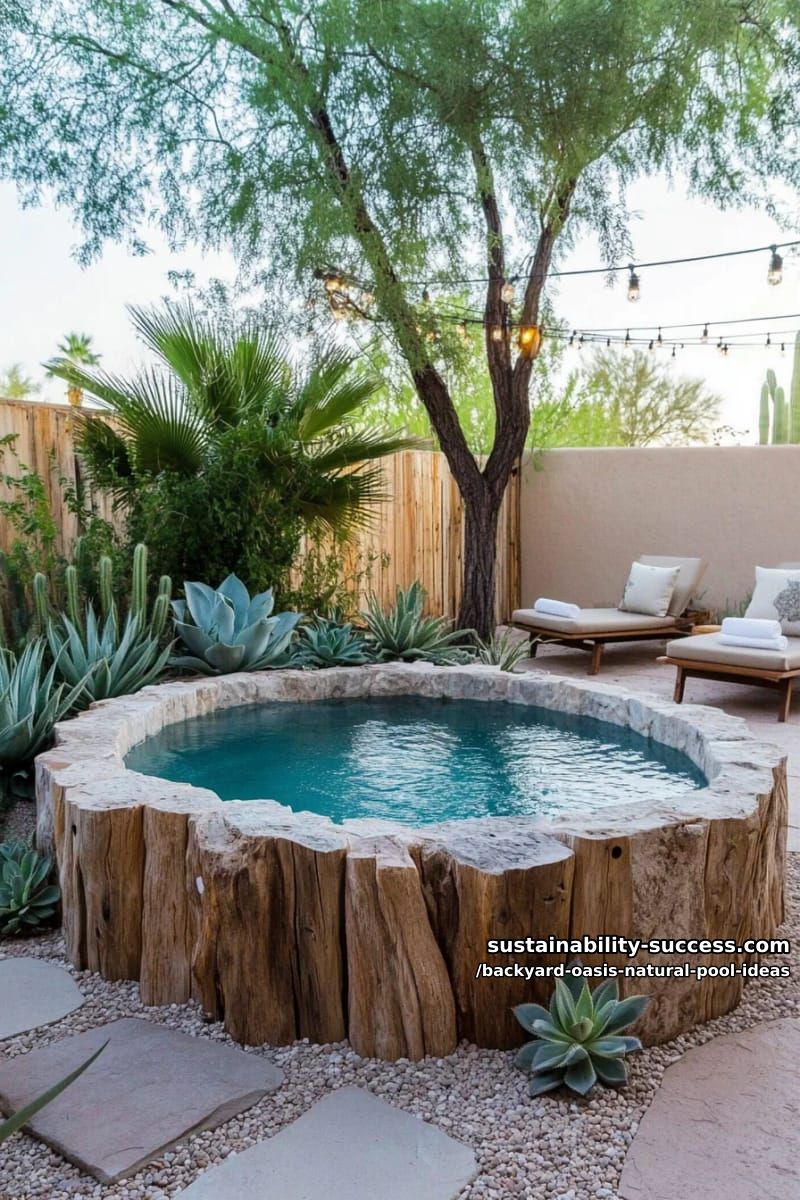 round spa pool surrounded with weathered driftwood and vibrant succulents 1