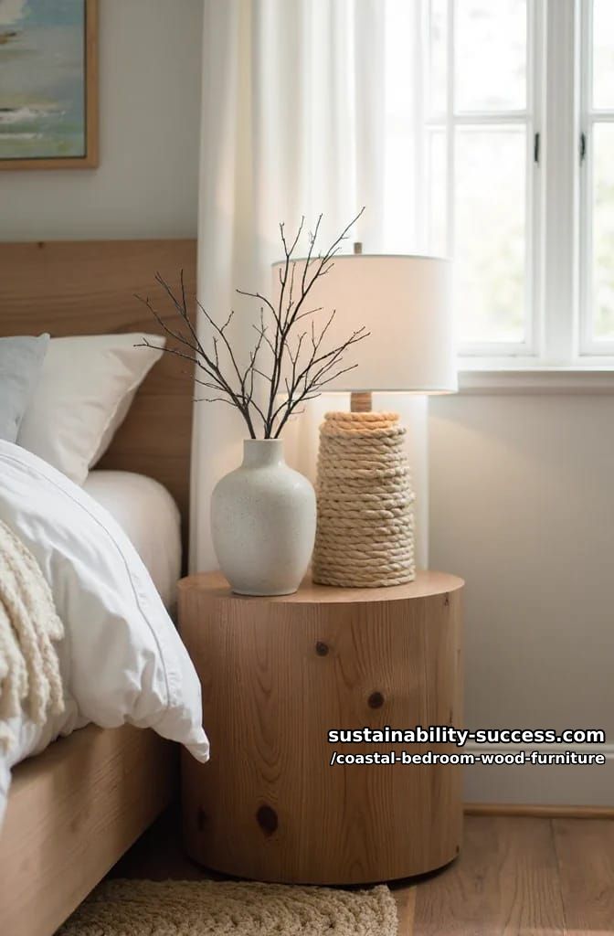 round wooden bedside table styled with a ceramic vase and rope lamp 1