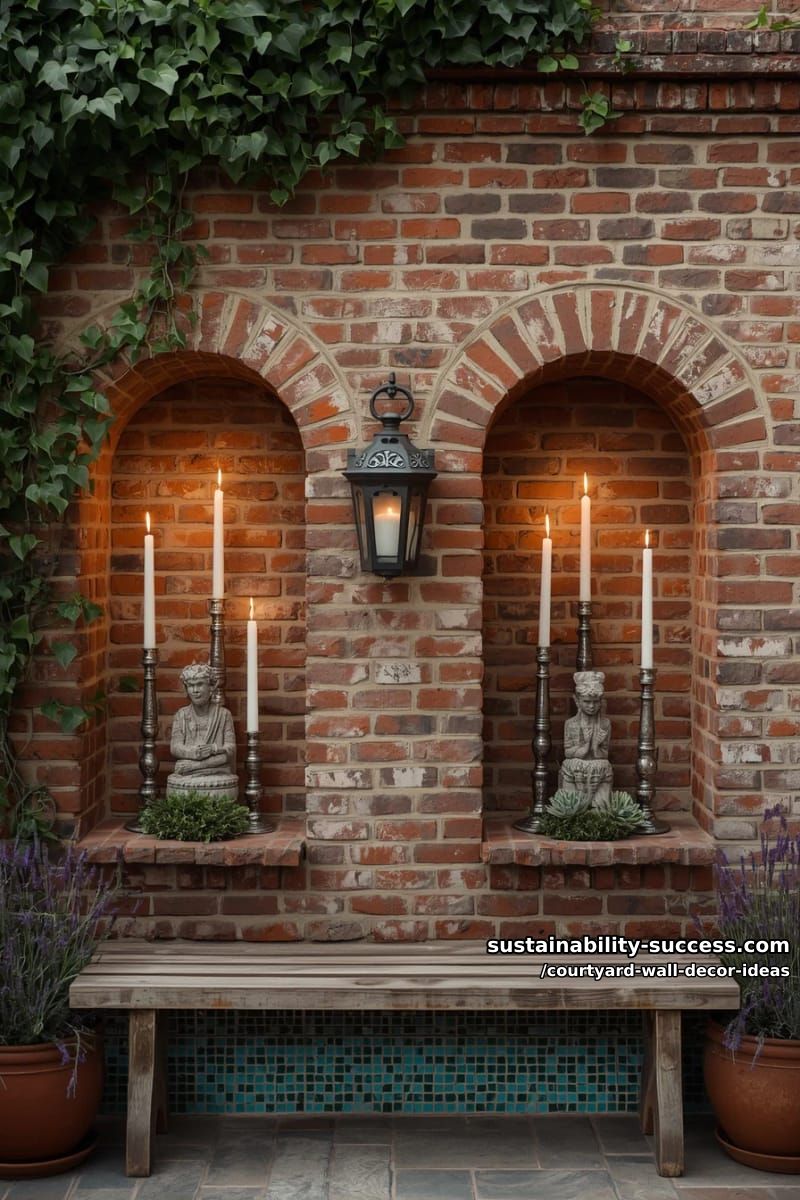 rustic brick wall with recessed niches for candlelight and small sculptures 1