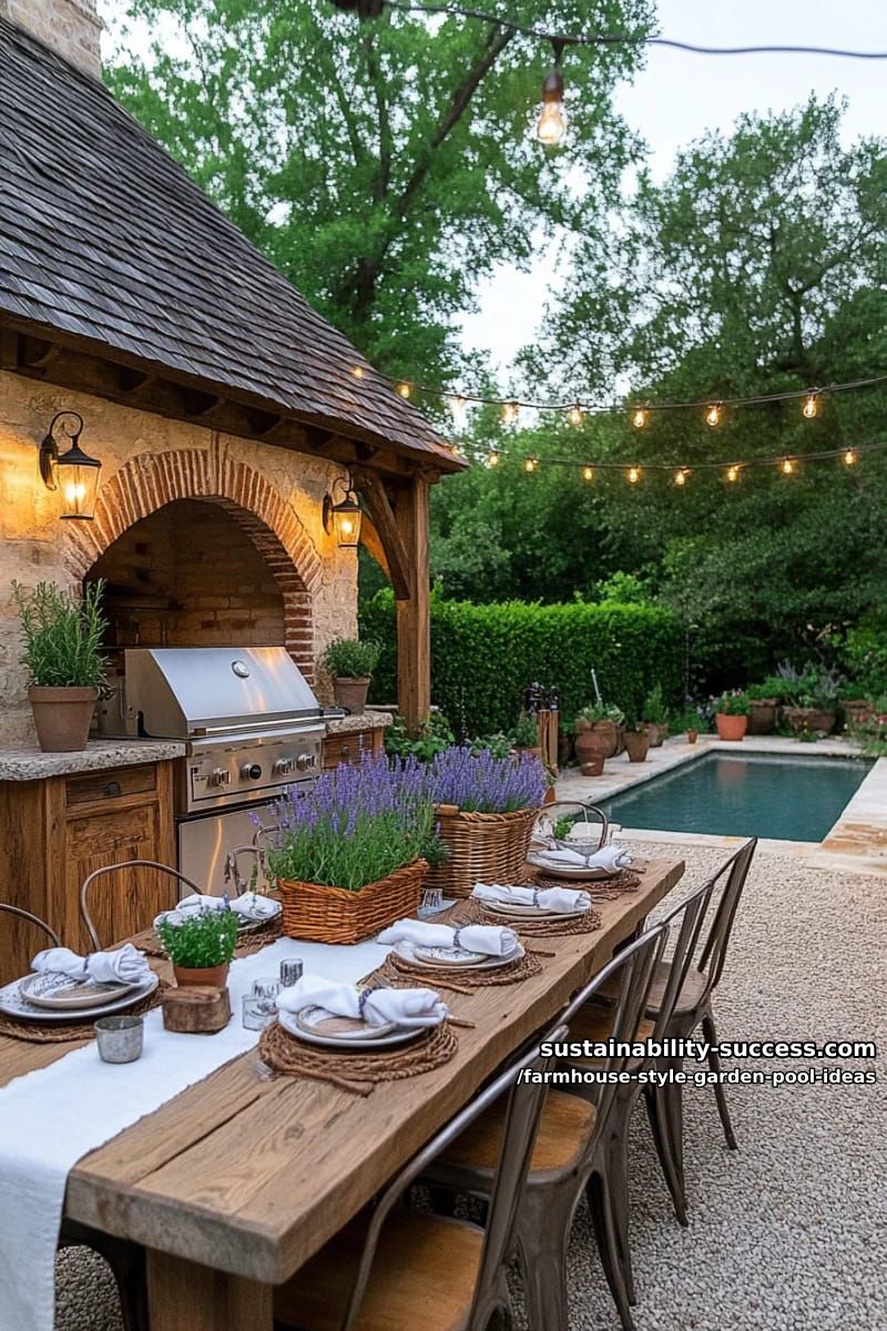 rustic outdoor kitchen and dining area beside the pool with fairy lights 1