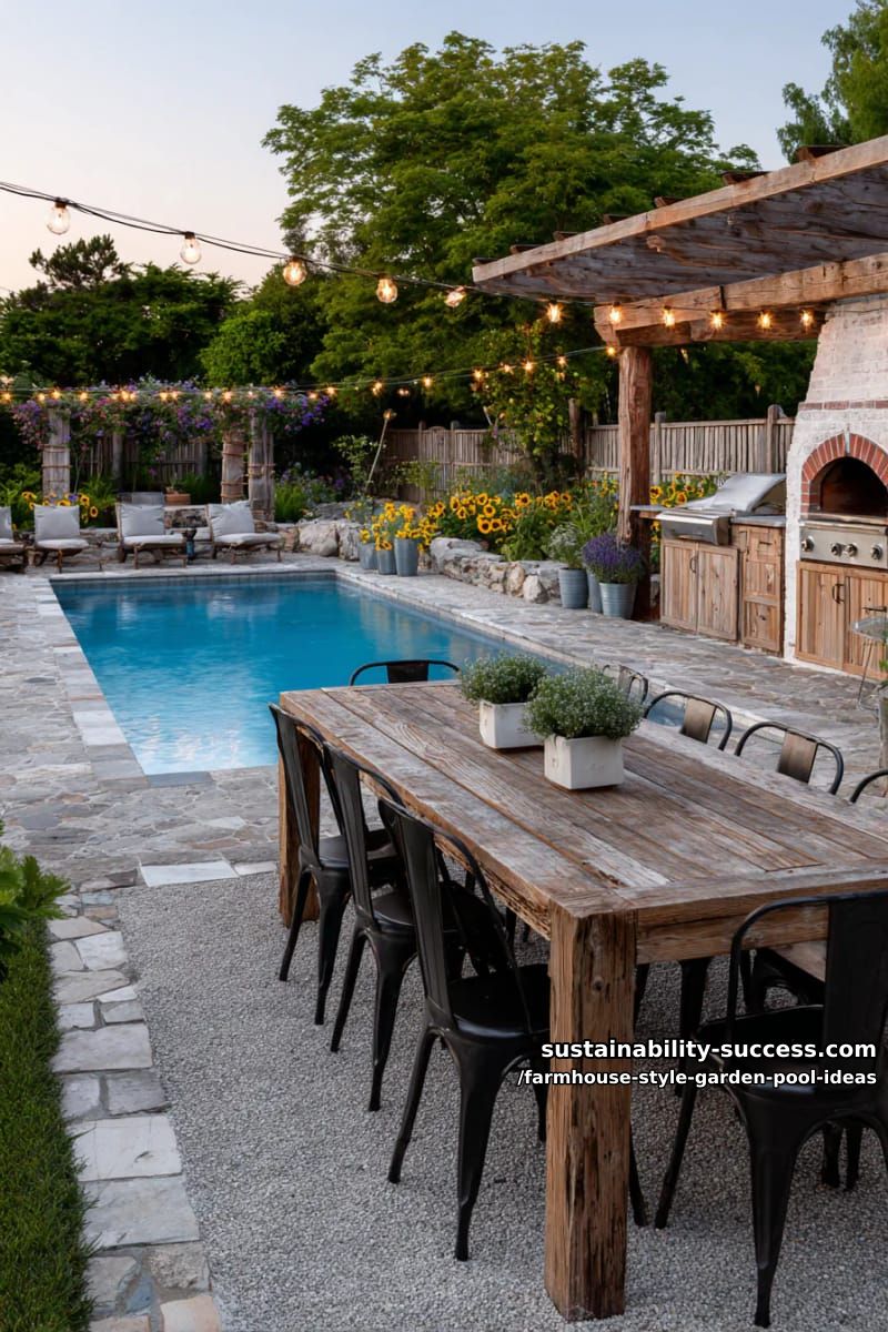 rustic outdoor kitchen and dining area beside the pool with fairy lights 1