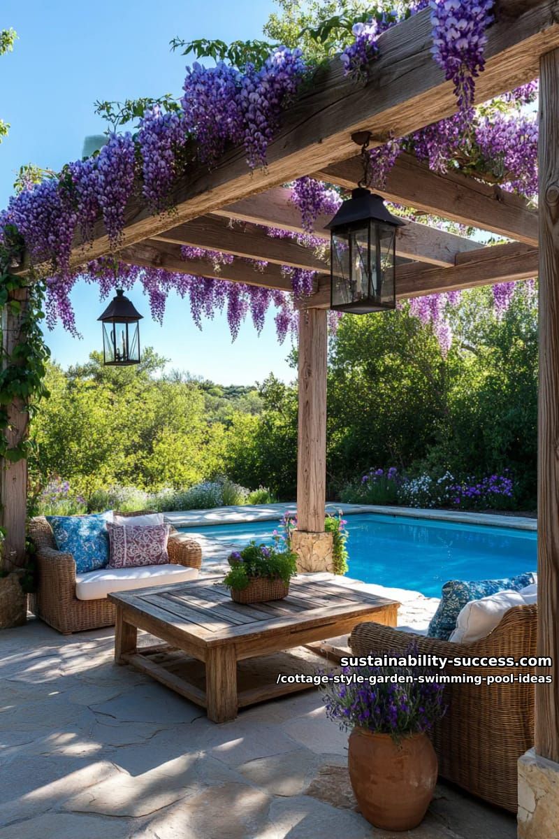 rustic pergola with flowering vines over cozy poolside seating and lanterns 1