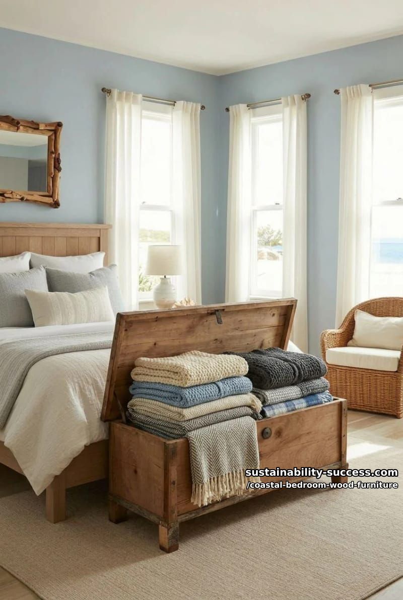rustic wooden chest at the foot of the bed filled with cozy throws 1