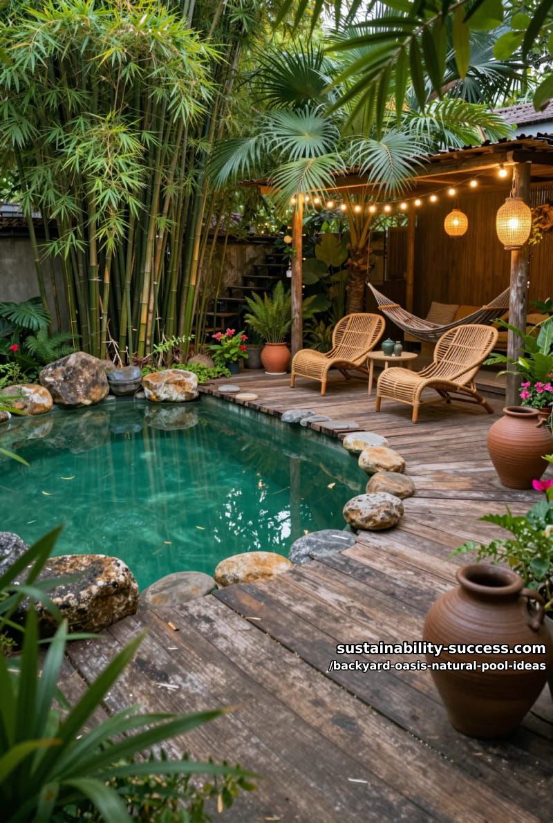 rustic wooden deck beside emerald water, surrounded by bamboo and leafy palms 1