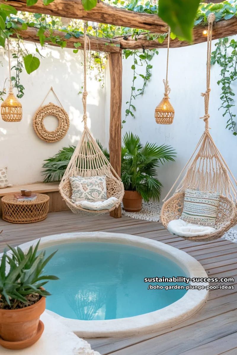 rustic wooden deck pool with macrame swings and hanging rattan chairs 1
