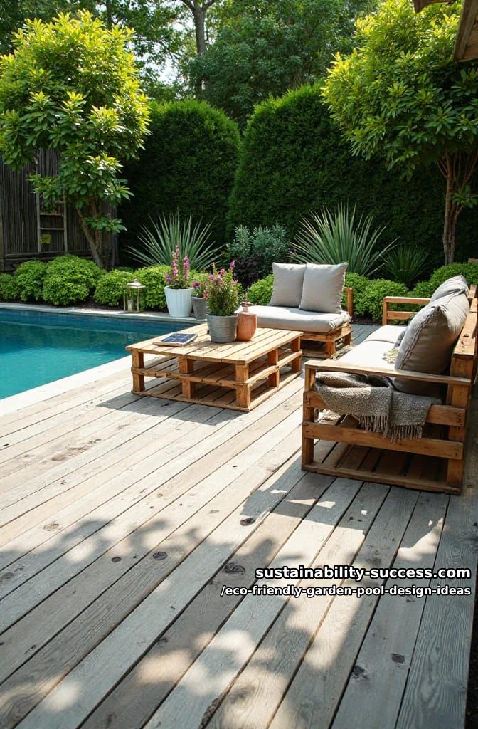 rustic wooden deck with recycled wood crate furniture by the poolside 1