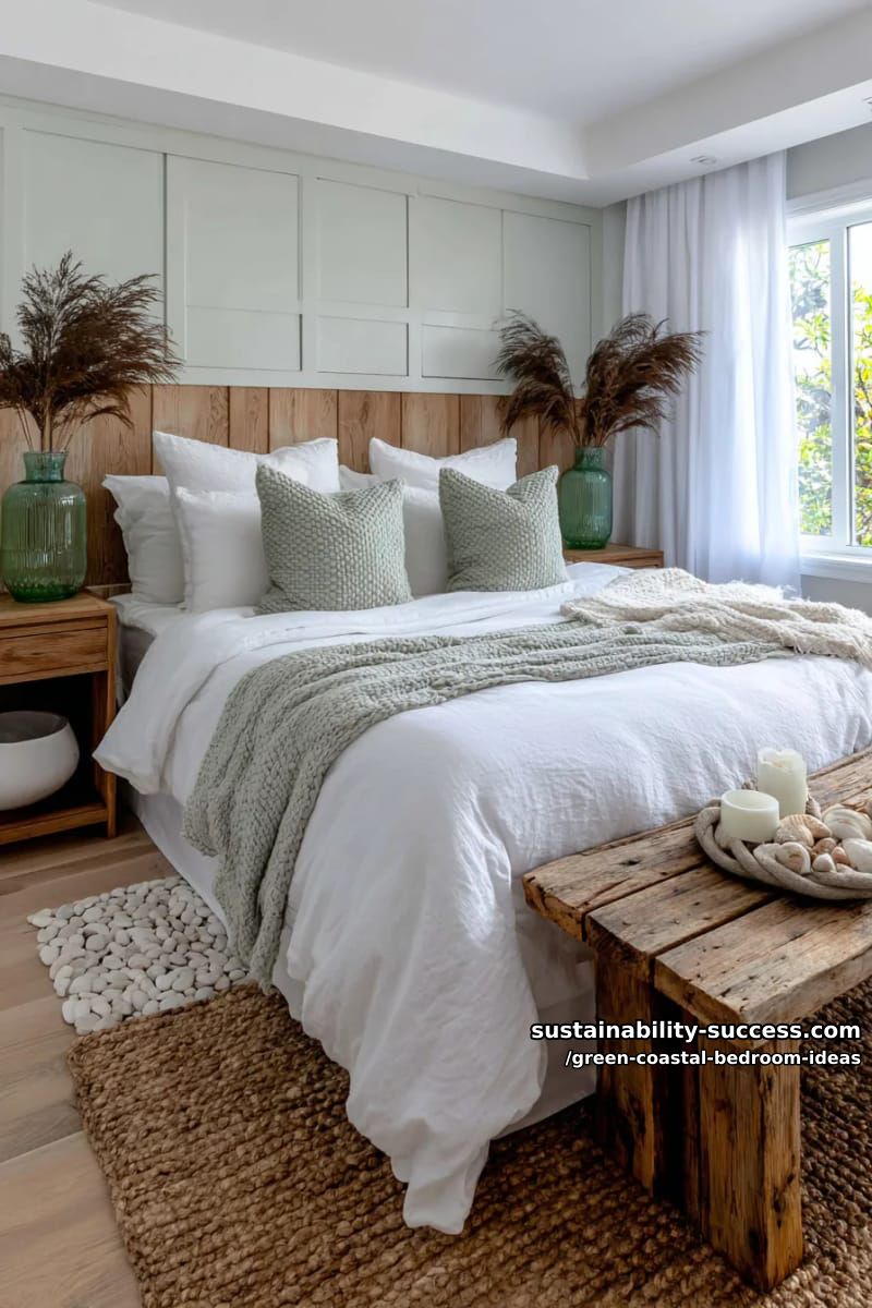 sea glass vases with pampas grass on rustic bedside tables 1