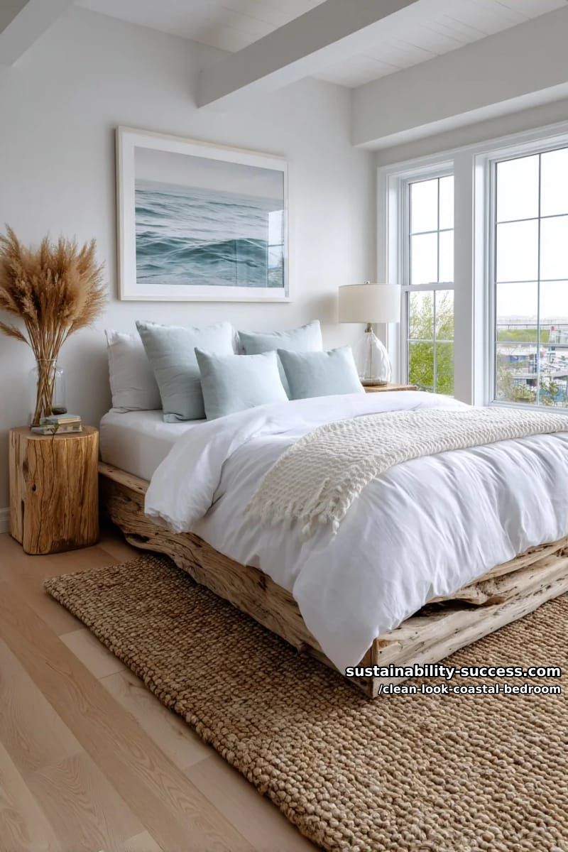 15 Clean Coastal Bedroom Ideas for a Serene Retreat 4 seagrass rug paired with driftwood nightstands and minimalist ocean artwork 1