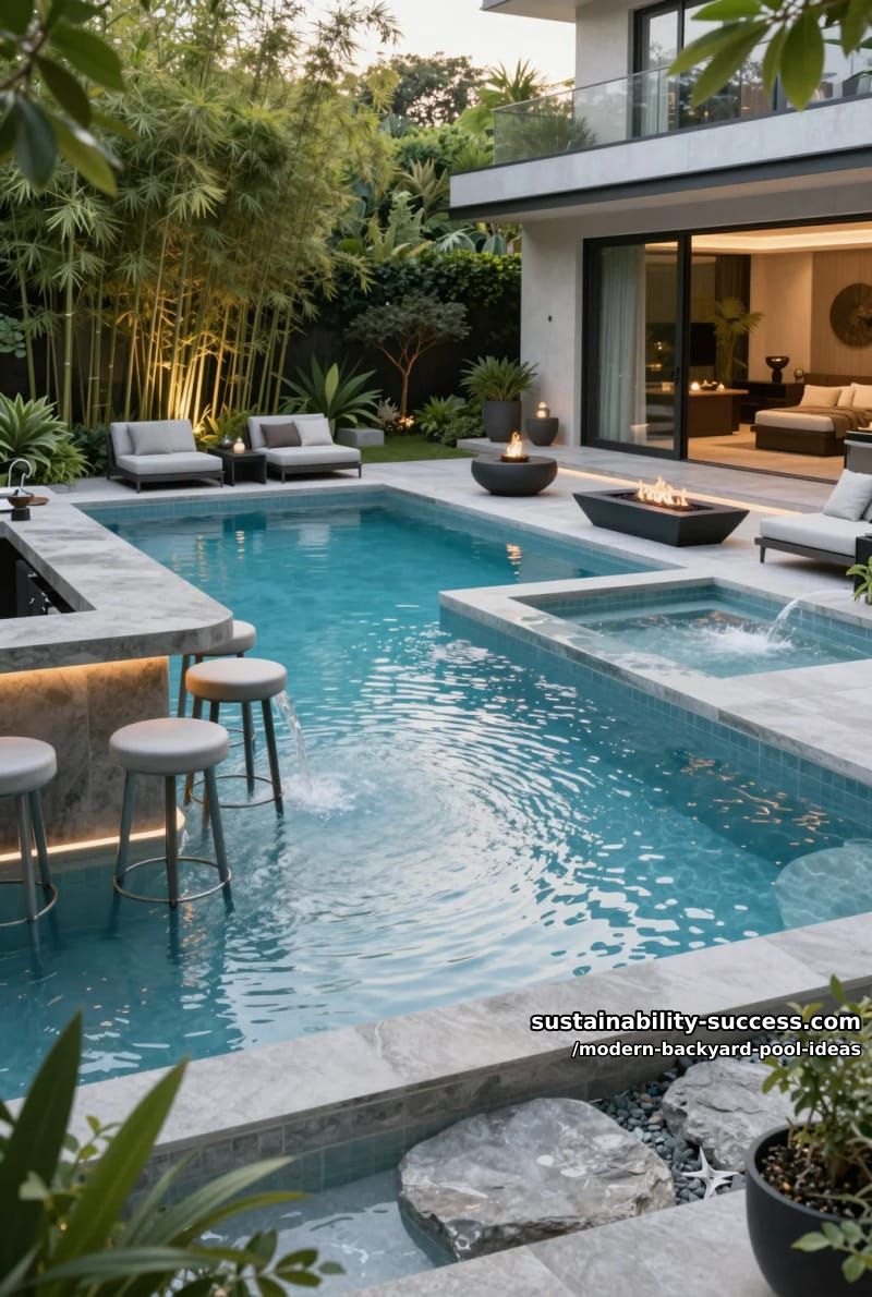 seamless pool and spa combination with submerged bar stools 1