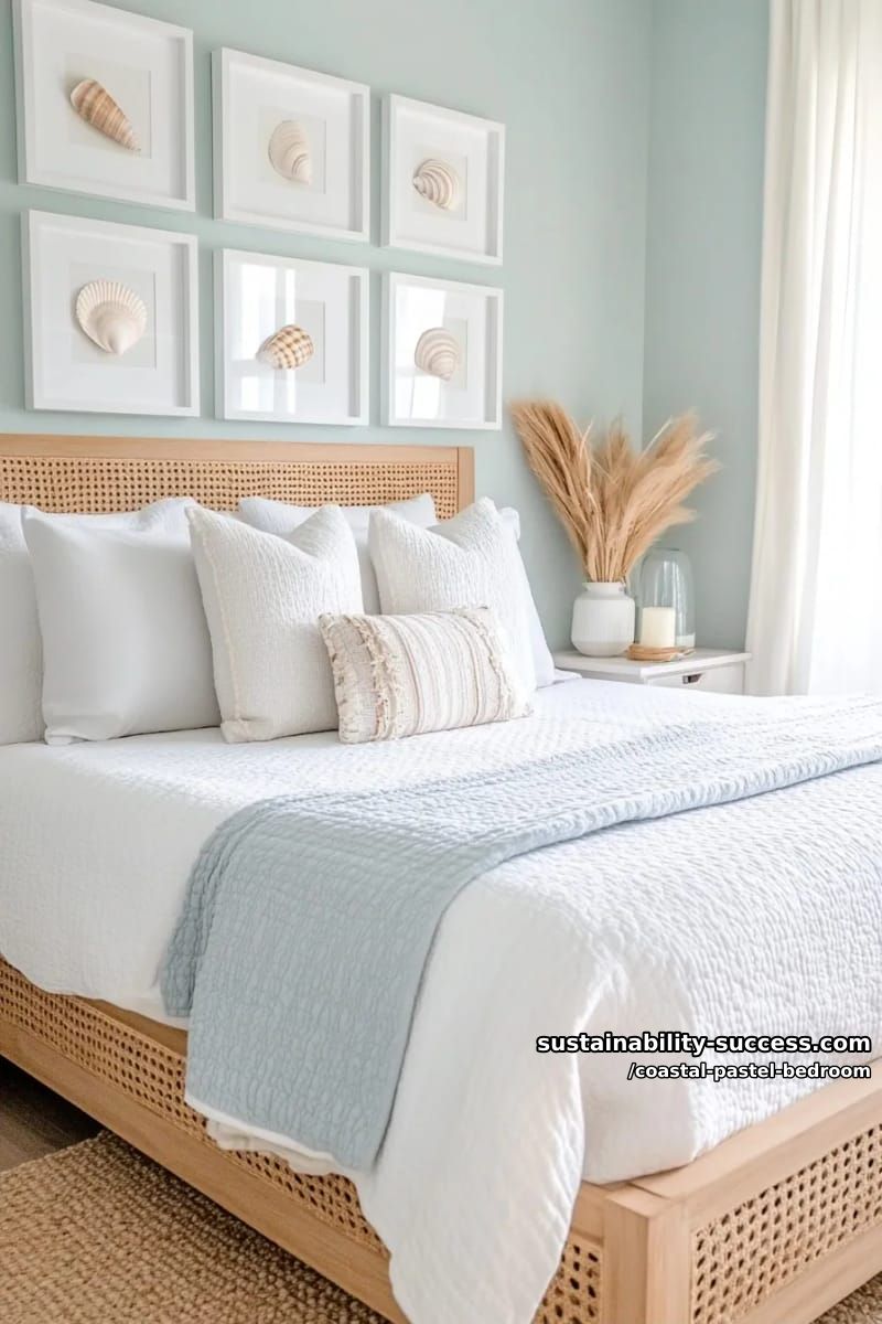seashell art gallery wall above pastel sand-blue bedspread 1