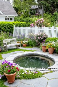 secret garden plunge pool surrounded by climbing roses and white picket fencing 2